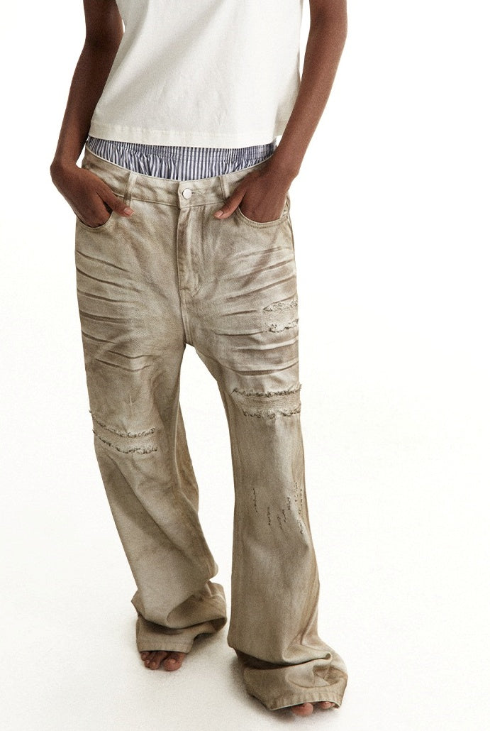 Distressed Patchwork Wide-Leg Dirty Denim Pants [ID:0216PA]