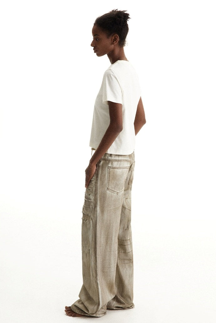 Distressed Patchwork Wide-Leg Dirty Denim Pants [ID:0216PA]