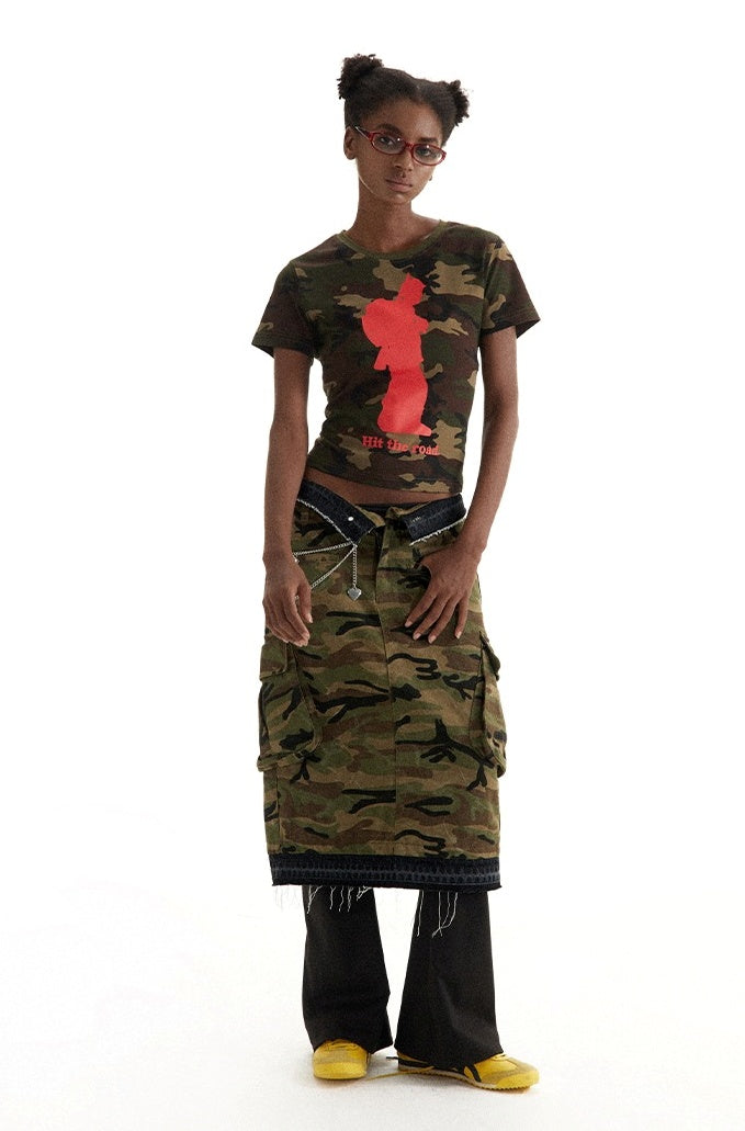 Vintage Distressed Camouflage Cargo Skirt [ID:0217SK]