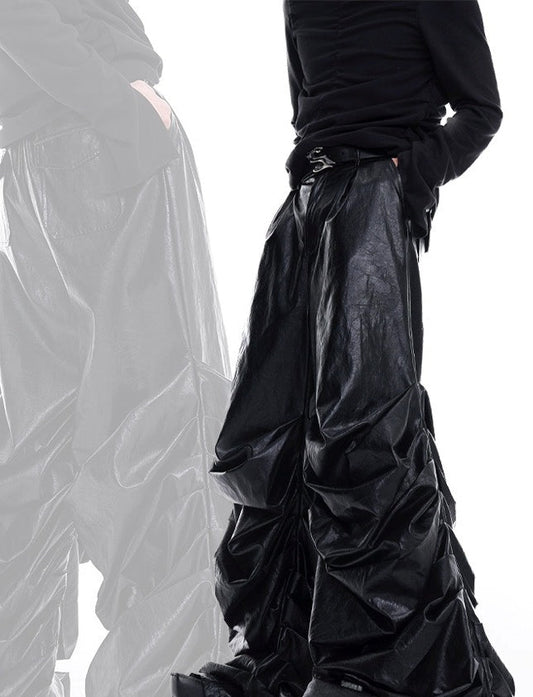 Unique Pleated Wide-Leg Leather Pants [ID:0222PA]