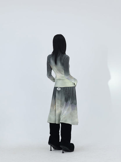 Lava Gray Faded Print Brushed Long-Sleeve and Skirt [ID:0231SU]