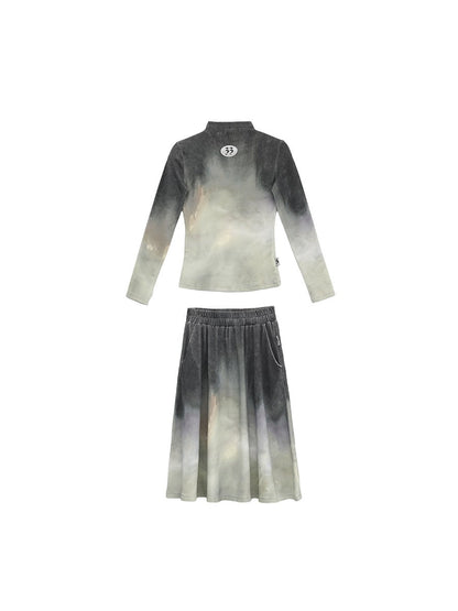 Lava Gray Faded Print Brushed Long-Sleeve and Skirt [ID:0231SU]