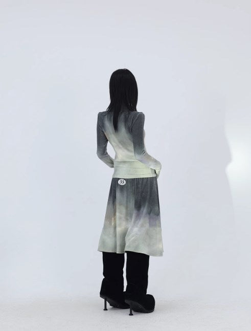 Lava Gray Faded Print Brushed Long-Sleeve and Skirt [ID:0231SU]