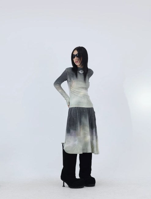 Lava Gray Faded Print Brushed Long-Sleeve and Skirt [ID:0231SU]