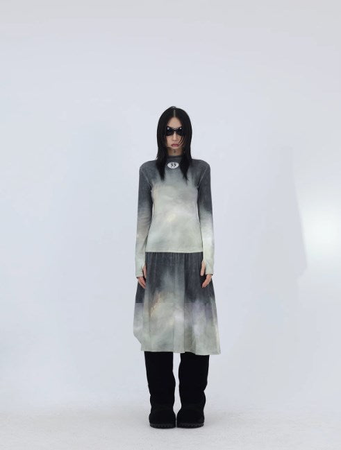 Lava Gray Faded Print Brushed Long-Sleeve and Skirt [ID:0231SU]