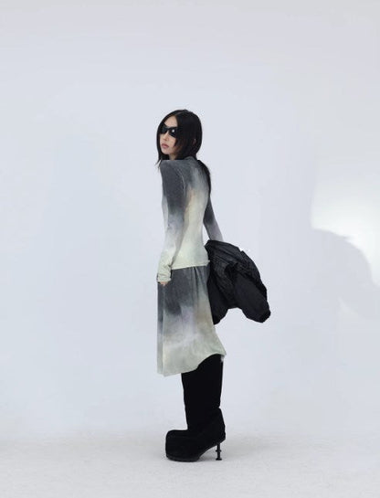 Lava Gray Faded Print Brushed Long-Sleeve and Skirt [ID:0231SU]