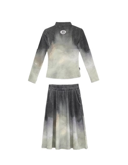 Lava Gray Faded Print Brushed Long-Sleeve and Skirt [ID:0231SU]