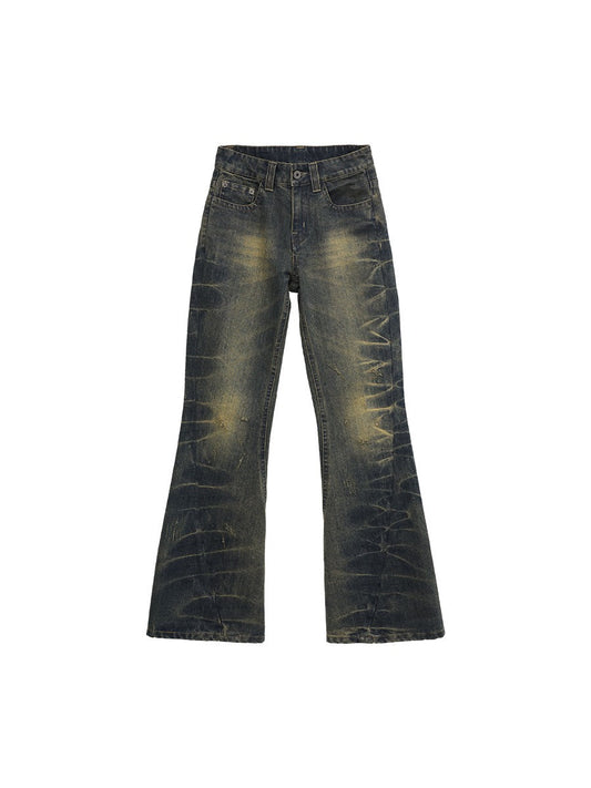 Vintage Hand-Pleated Washed Flare Denim Pants [ID:0235PA]
