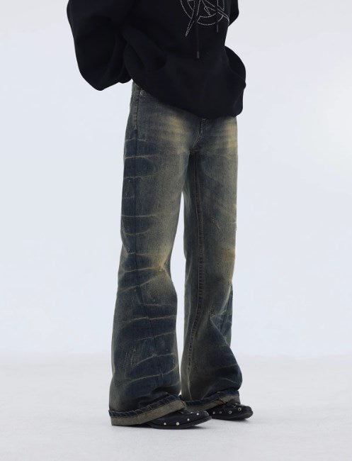 Vintage Hand-Pleated Washed Flare Denim Pants [ID:0235PA]