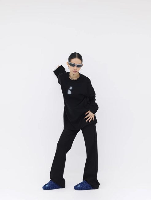 Straight Leg Structure Black Roman Fabric Pants [ID:0237PA]