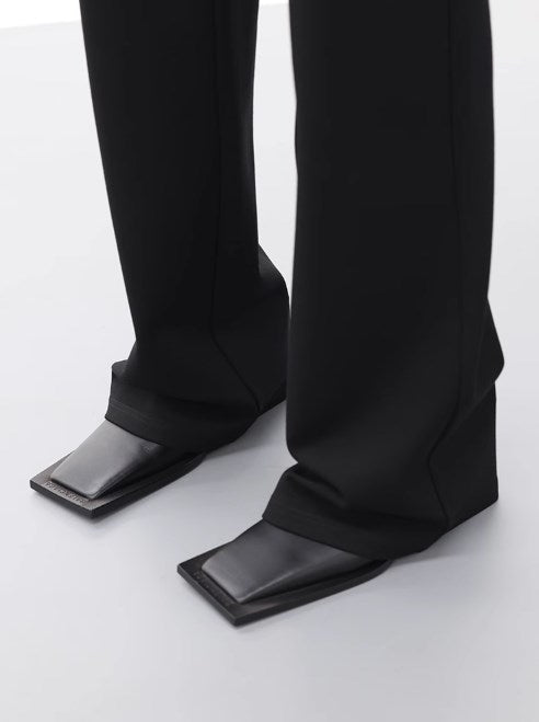 Straight Leg Structure Black Roman Fabric Pants [ID:0237PA]