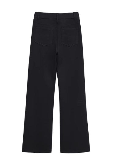 Straight Leg Structure Black Roman Fabric Pants [ID:0237PA]