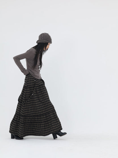 Vintage Plaid A-Line Frilled Soft Brushed Skirt [ID:0238SK]