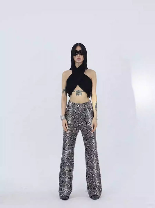 Retro Slimming Snake Print Faux Leather Micro-Flare Pants [ID:0241PA]