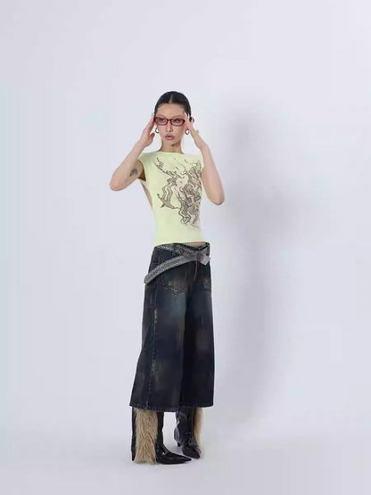 Reversed Front Back Grunge Washed Wide-Legged Jeans [ID:0243PA]