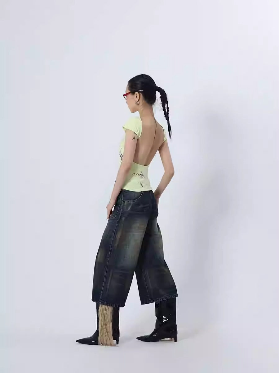 Reversed Front Back Grunge Washed Wide-Legged Jeans [ID:0243PA]