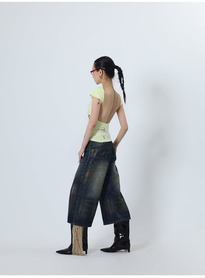 Reversed Front Back Grunge Washed Wide-Legged Jeans [ID:0243PA]