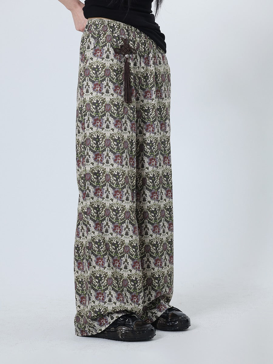 Straight Khaki Green Chinese Knot Pattern Printed Pants [ID:0244PA]