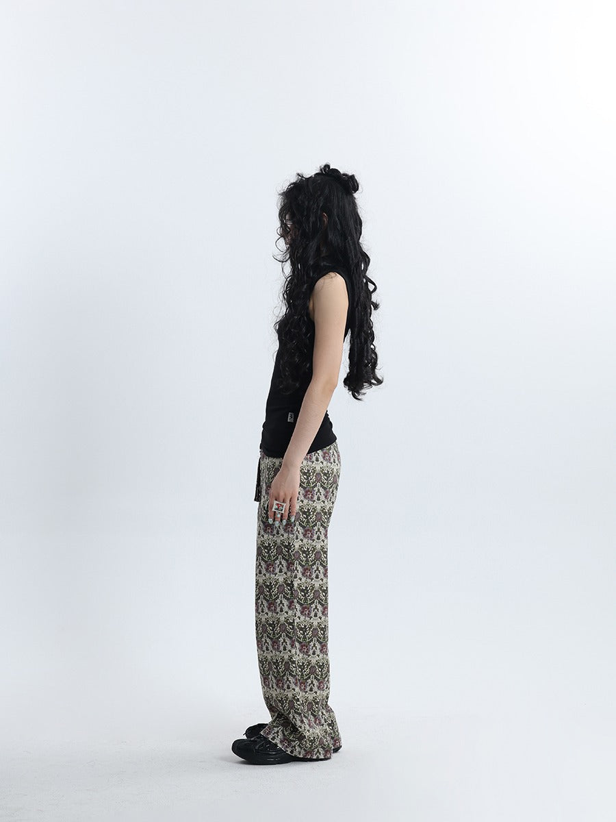 Straight Khaki Green Chinese Knot Pattern Printed Pants [ID:0244PA]