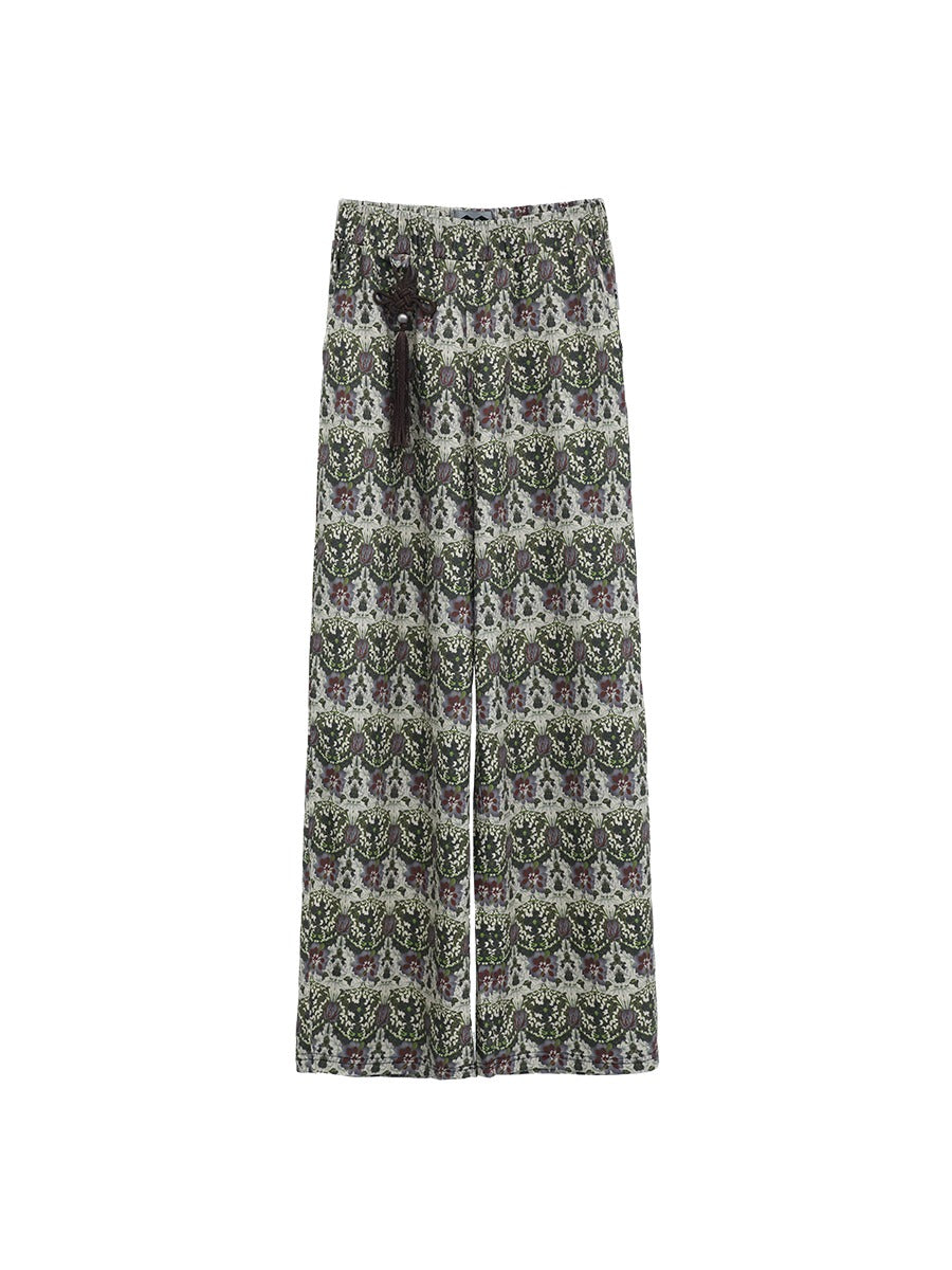 Straight Khaki Green Chinese Knot Pattern Printed Pants [ID:0244PA]