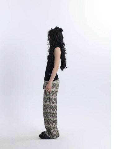 Straight Khaki Green Chinese Knot Pattern Printed Pants [ID:0244PA]