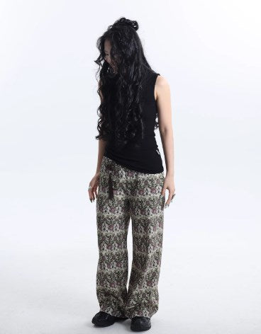 Straight Khaki Green Chinese Knot Pattern Printed Pants [ID:0244PA]