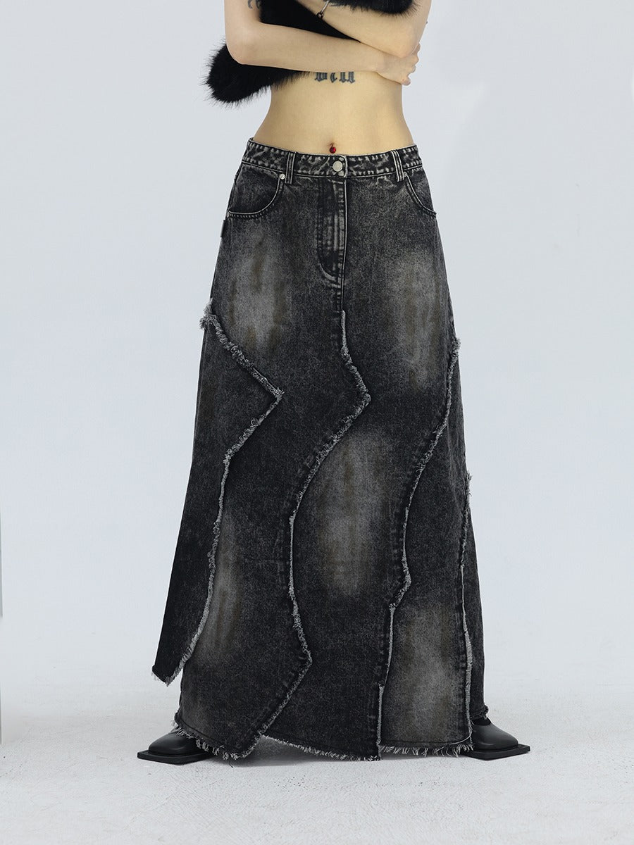 Frayed Panel Design Washed Black Rust Effect A-Line Denim Skirt [ID:0246SK]