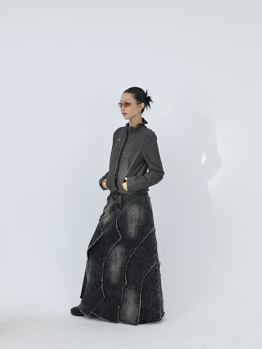 Frayed Panel Design Washed Black Rust Effect A-Line Denim Skirt [ID:0246SK]