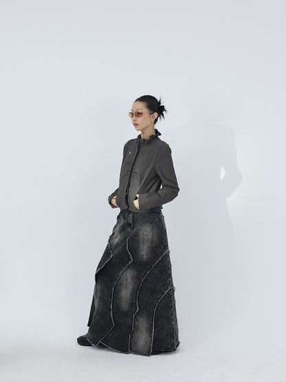 Frayed Panel Design Washed Black Rust Effect A-Line Denim Skirt [ID:0246SK]