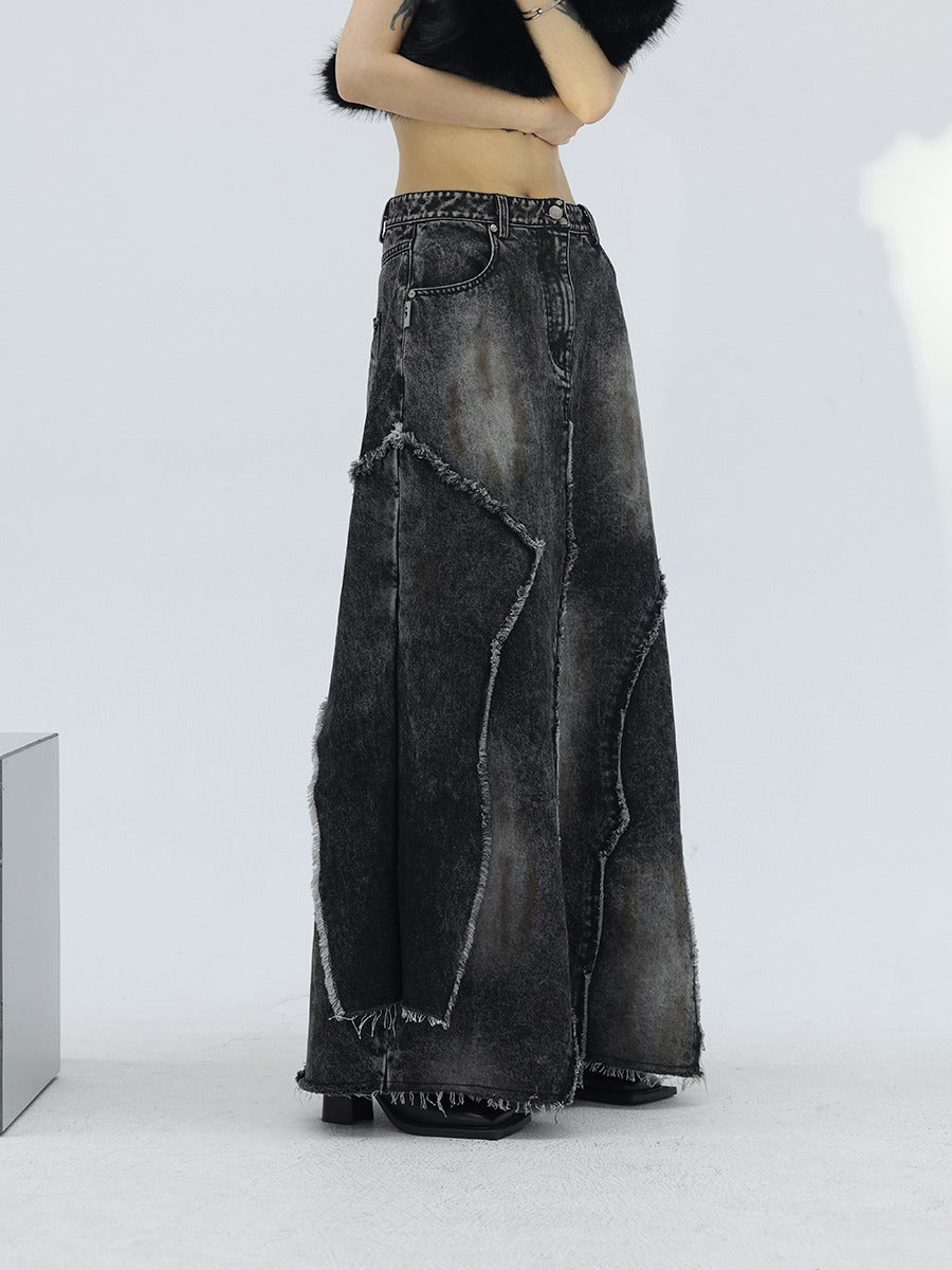 Frayed Panel Design Washed Black Rust Effect A-Line Denim Skirt [ID:0246SK]