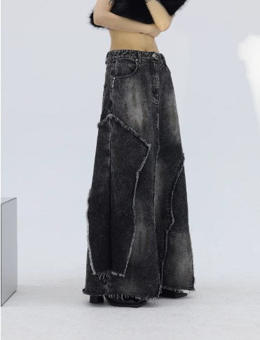 Frayed Panel Design Washed Black Rust Effect A-Line Denim Skirt [ID:0246SK]