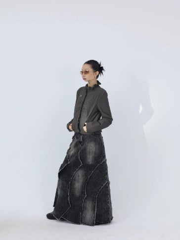 Frayed Panel Design Washed Black Rust Effect A-Line Denim Skirt [ID:0246SK]