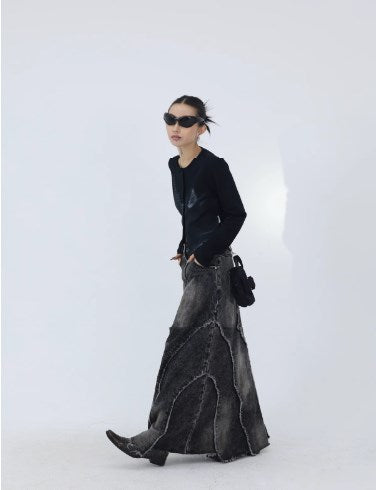 Frayed Panel Design Washed Black Rust Effect A-Line Denim Skirt [ID:0246SK]