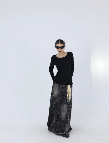 Frayed Panel Design Washed Black Rust Effect A-Line Denim Skirt [ID:0246SK]