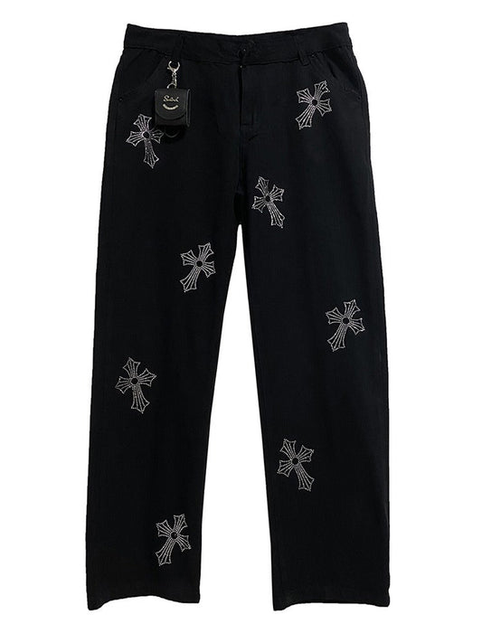 Crystal Cross Embellished Wide-Leg Unisex Denim Pants [ID:0256PA]