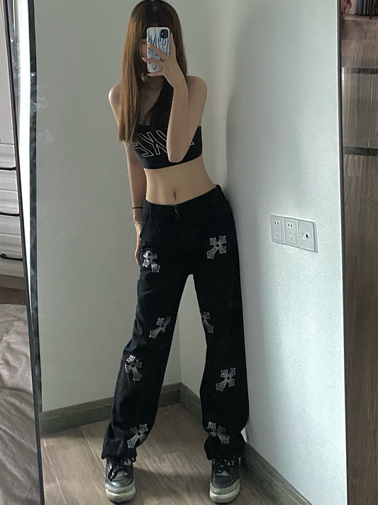 Crystal Cross Embellished Wide-Leg Unisex Denim Pants [ID:0256PA]