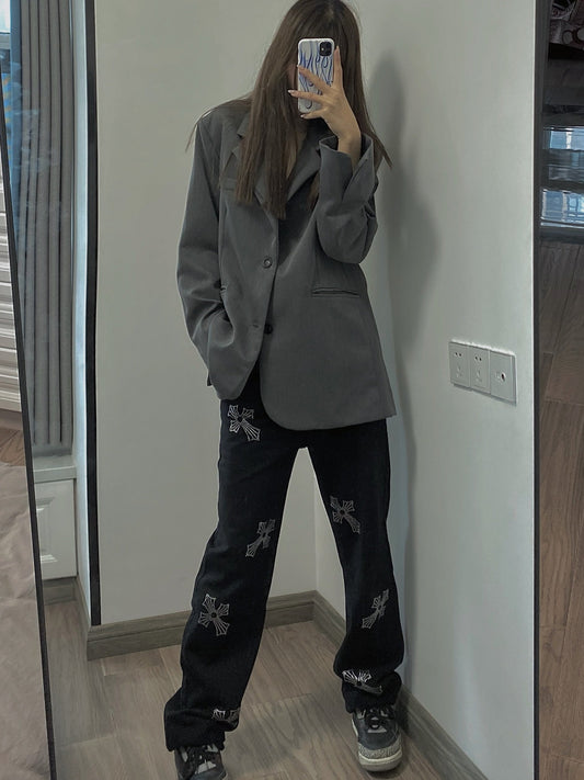 Crystal Cross Embellished Wide-Leg Unisex Denim Pants [ID:0256PA]