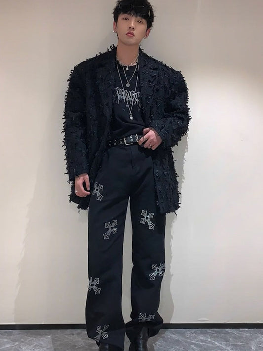 Crystal Cross Embellished Wide-Leg Unisex Denim Pants [ID:0256PA]