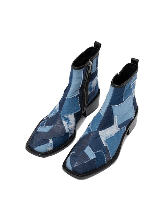 Indigo Dyed Canvas Square-Toe Chelsea Boots [ID:0258SH]