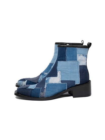 Indigo Dyed Canvas Square-Toe Chelsea Boots [ID:0258SH]