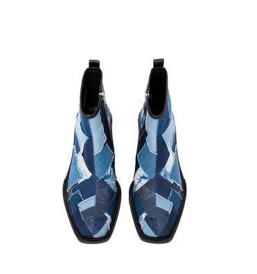 Indigo Dyed Canvas Square-Toe Chelsea Boots [ID:0258SH]