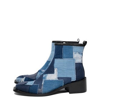 Indigo Dyed Canvas Square-Toe Chelsea Boots [ID:0258SH]