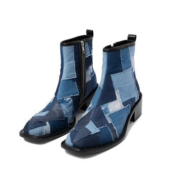 Indigo Dyed Canvas Square-Toe Chelsea Boots [ID:0258SH]