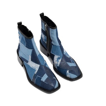 Indigo Dyed Canvas Square-Toe Chelsea Boots [ID:0258SH]