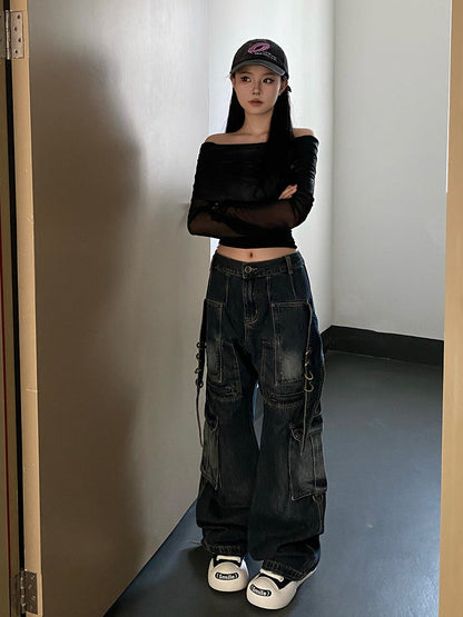 Deconstructed Pocket Black Straight Denim Pants [ID:0266PA]