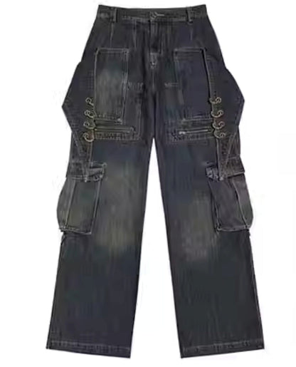 Deconstructed Pocket Black Straight Denim Pants [ID:0266PA]