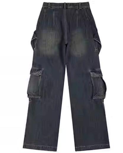 Deconstructed Pocket Black Straight Denim Pants [ID:0266PA]