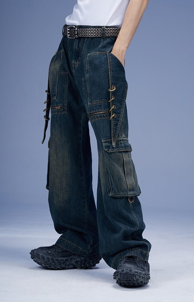 Deconstructed Pocket Black Straight Denim Pants [ID:0266PA]