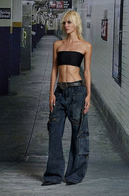 Deconstructed Pocket Black Straight Denim Pants [ID:0266PA]