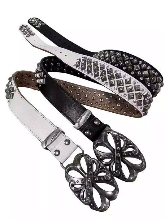 Carved Buckle Rivet Rhinestone Double-Layer Leather Belt [ID:0270BE]